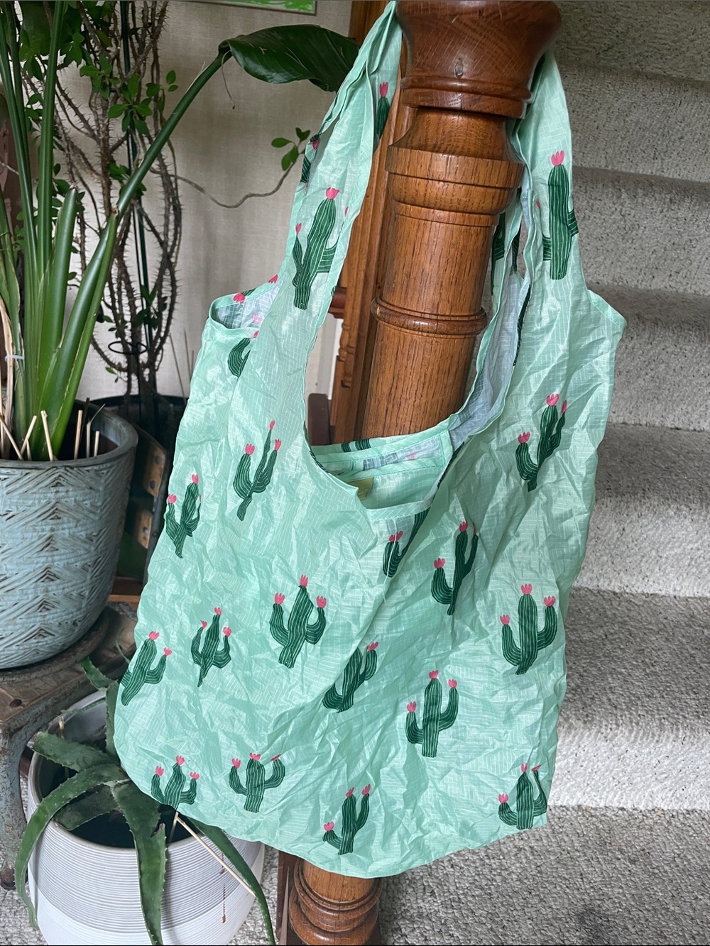 BeeGreen Packable Farmers Market Tote Bag - Mint Green Cactus Print